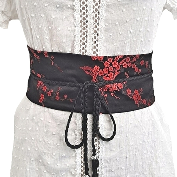 Boho floral embroidered black Obi Corset belt Japanese style wrap wide fabric - Picture 1 of 15